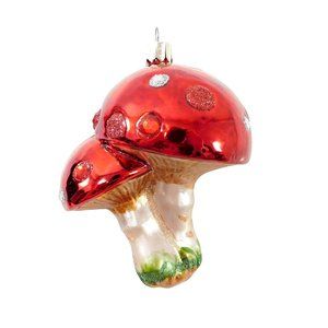 Double Mushroom Christmas Ornament Blown Glass  by Shavel  4"